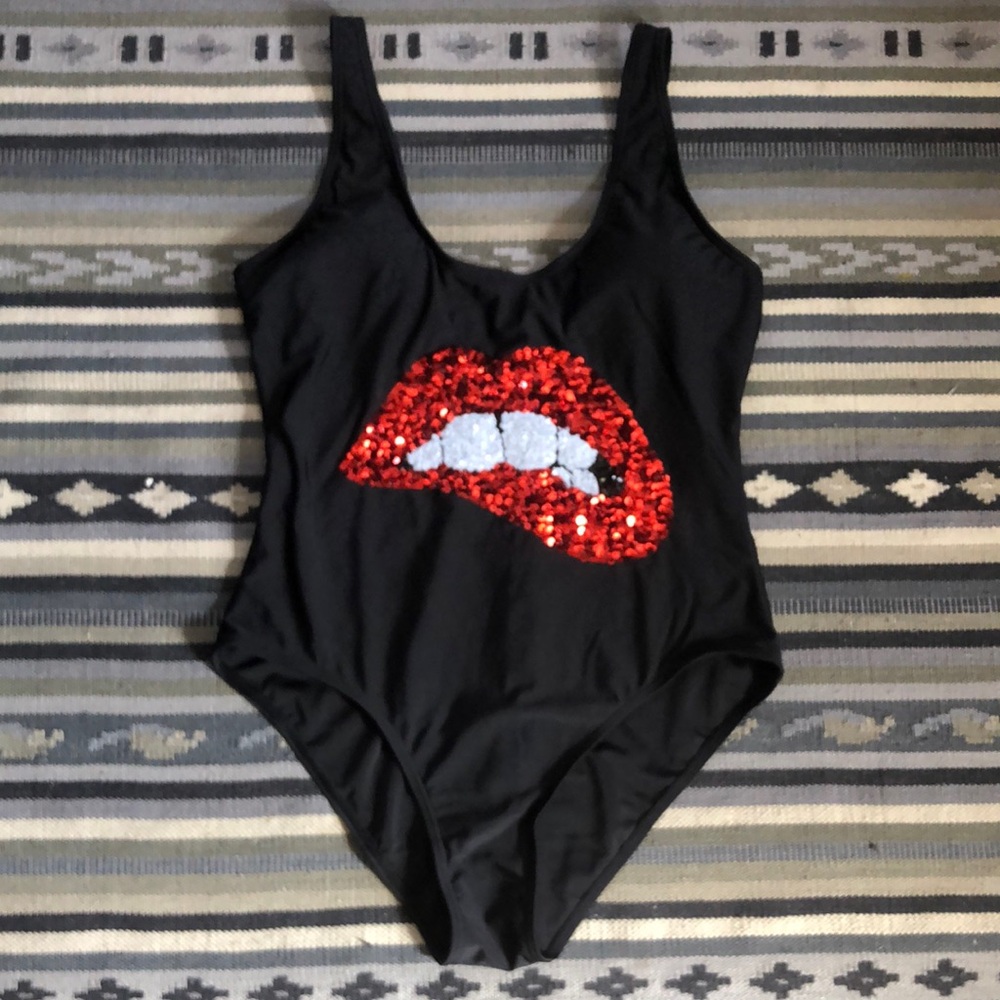 Black Swimsuit with Red Sequin Lips Design